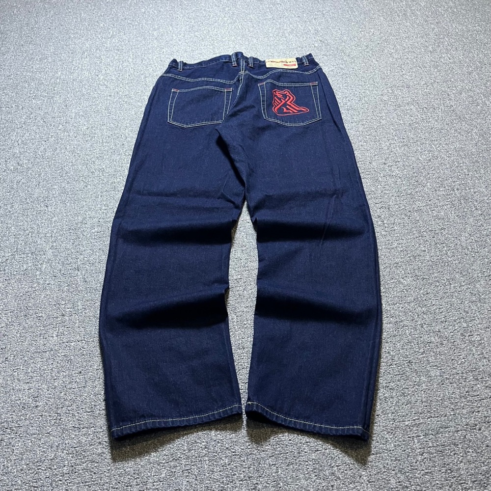 Vintage Mecca Sigmund Jeans 34 Blue Baggy Embroidered Y2K 90s HipHop
